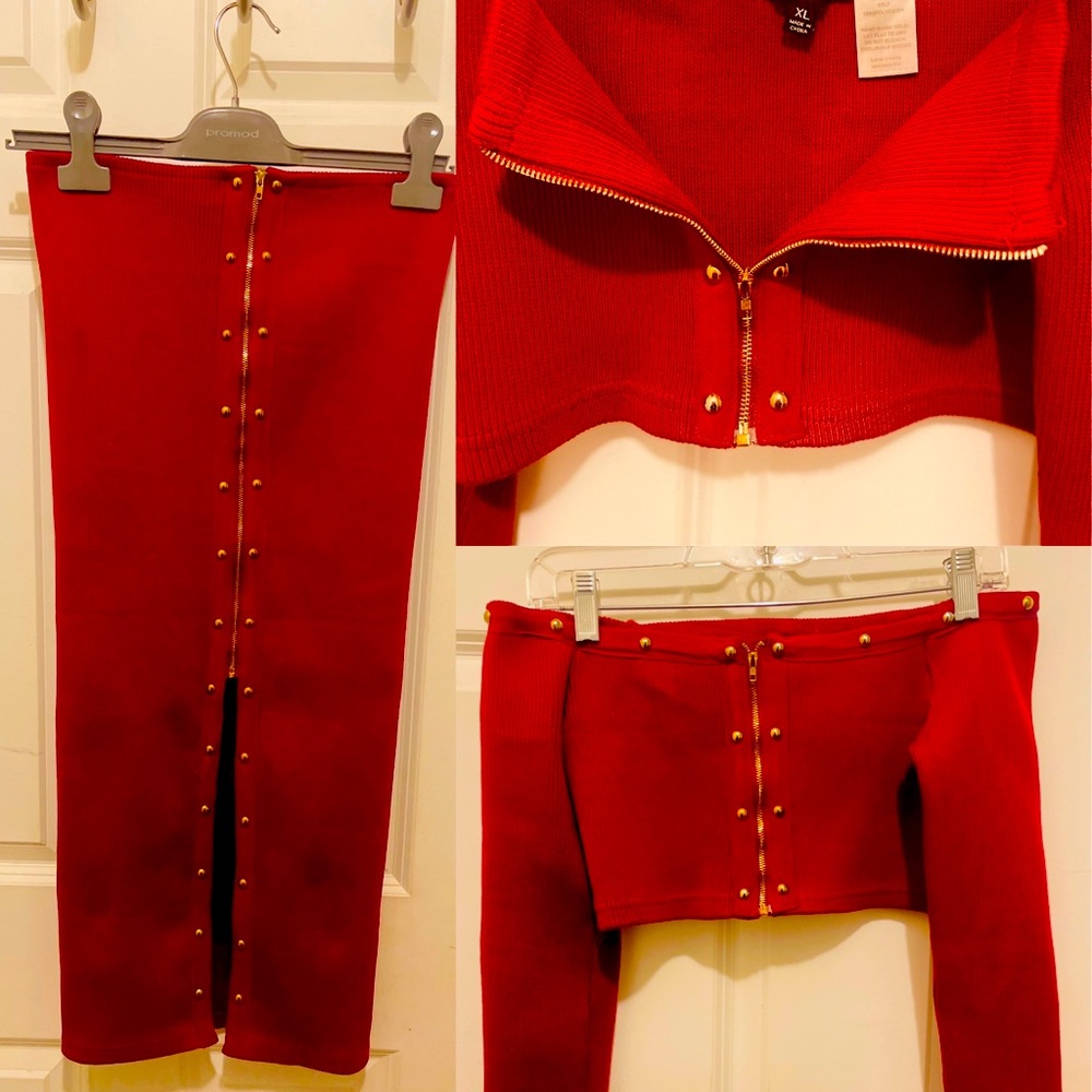 Fashion Nova Sexy Studded Knit 2- Piece pencil skirt and long-sleeved crop top.